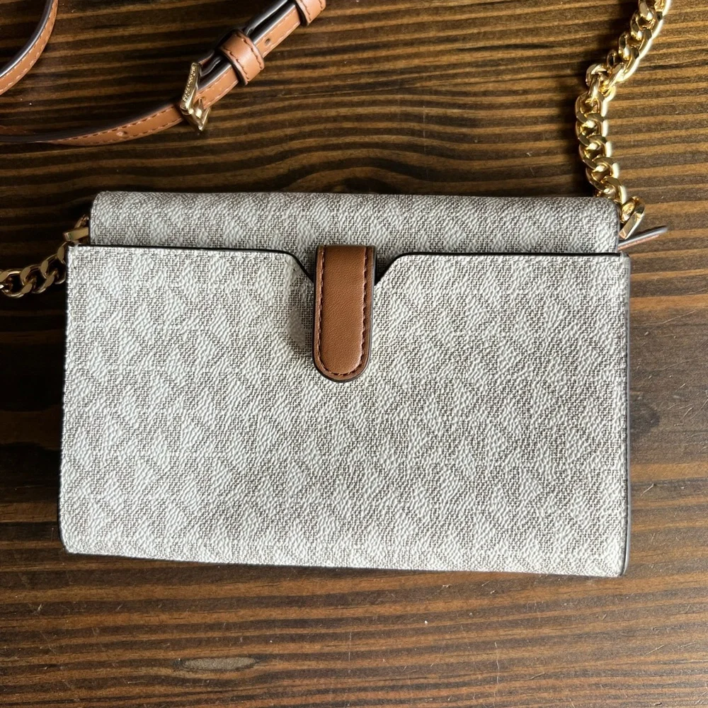 Michael Kors Crossbody Bag in White and Brown with Gold Hardware
